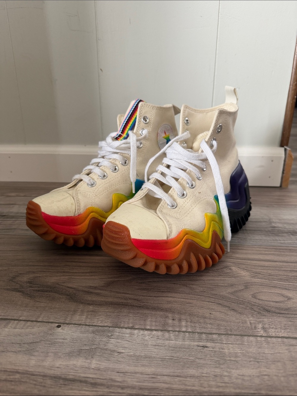 Converse Cream High-Top Sneakers with Rainbow Wave Sole